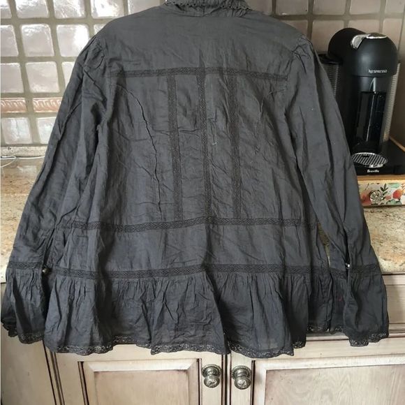 Free People Selma Bed Jacket Tiered Lace Trim Ruffled Cuffs Washed Black - Picture 4 of 5